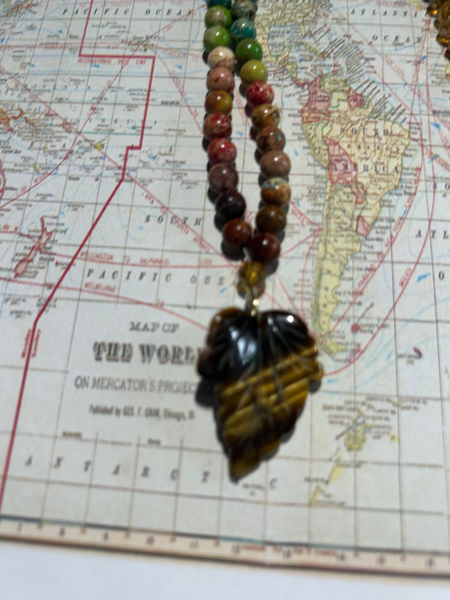 Imperial Jasper and Crystal Necklace with Leaf Pendant