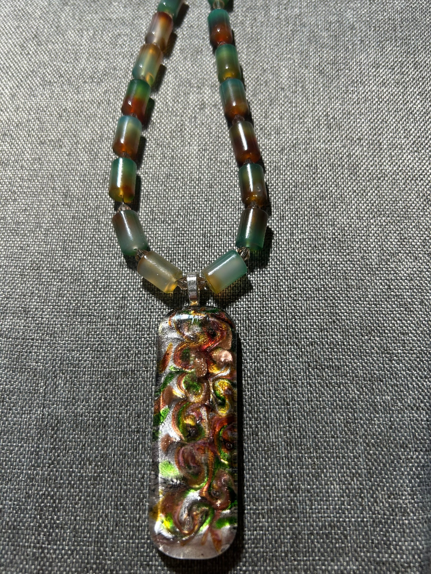 Blown Glass Pendant with Watermelon Tourmaline Jade Necklace