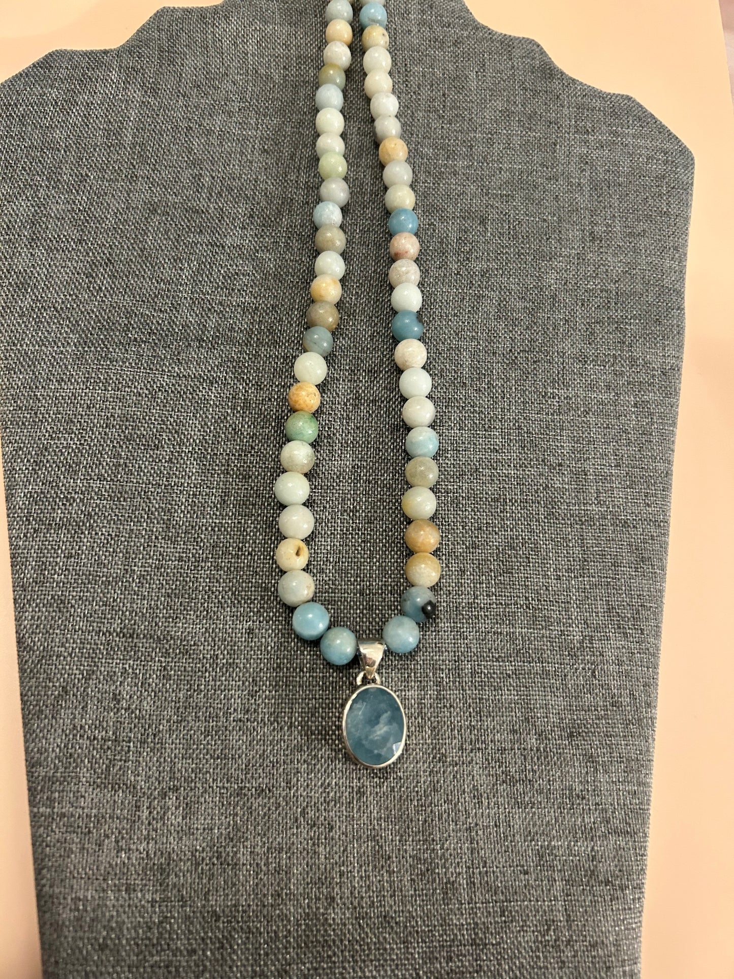Genuine Aquamarine Pendant and Amazonite Bead Strand Necklace