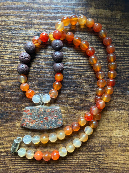 Jasper pendant, lava stone and carnelian gemstone necklace