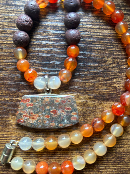 Jasper pendant, lava stone and carnelian gemstone necklace