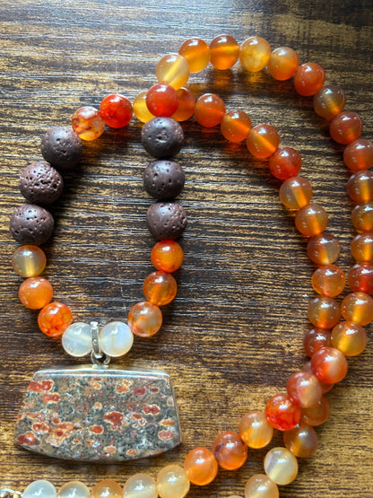 Jasper pendant, lava stone and carnelian gemstone necklace
