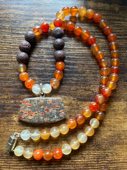 Jasper pendant, lava stone and carnelian gemstone necklace