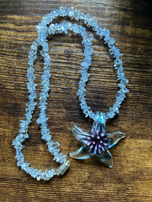 Blown glass starfish pendant with Crystal chip strand