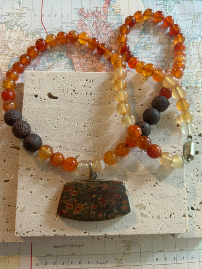 Jasper pendant, lava stone and carnelian gemstone necklace