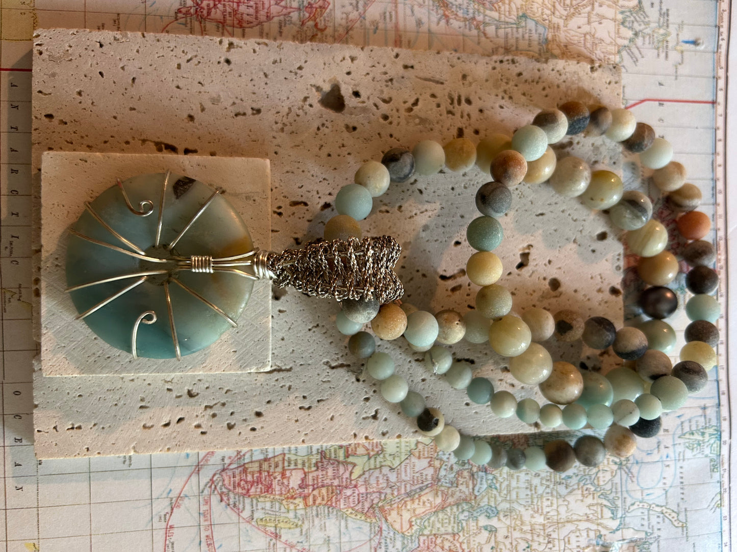 Silver Wire Wrapped Amazonite Pendant Necklace