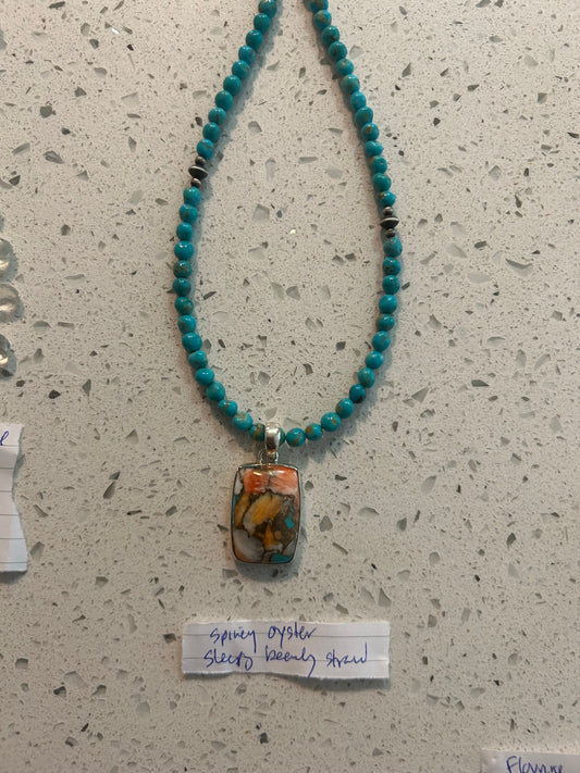Spiney Oyster Turquoise Pendant and Sleeping Beauty Bead Necklace