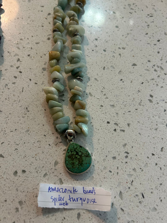 Spider Web Turquoise Pendant and Amazonite Bead Necklace