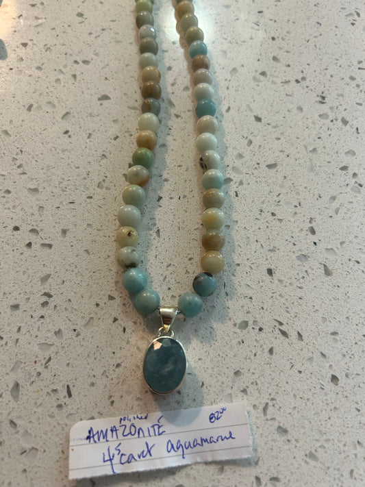 4.5 Carat Natural Aquamarine Pendant and Amazonite Bead Necklace