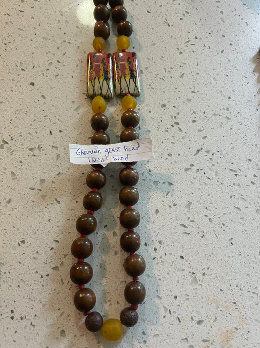 Ceramic Picture Beads, Ghanian Glass, and Wood Bead Necklace