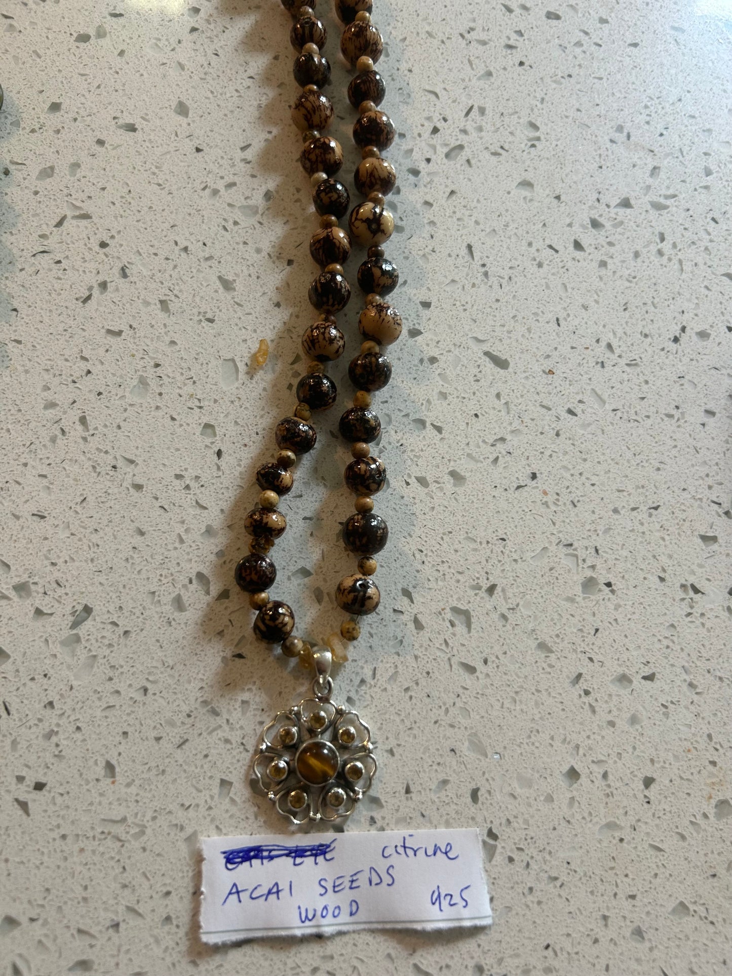 Acai Beads, Cat's Eye and Wood beads, Citrine and Sterling Silver Pendant Necklace Wood Beads, Citrine, Stirling Silver