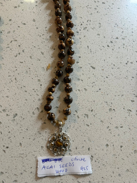 Acai Beads, Cat's Eye and Wood beads, Citrine and Sterling Silver Pendant Necklace Wood Beads, Citrine, Stirling Silver