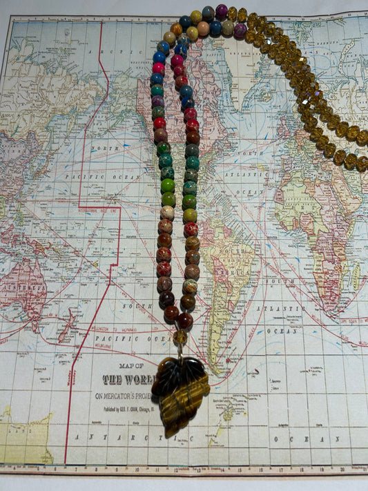 Imperial Jasper and Crystal Necklace with Leaf Pendant