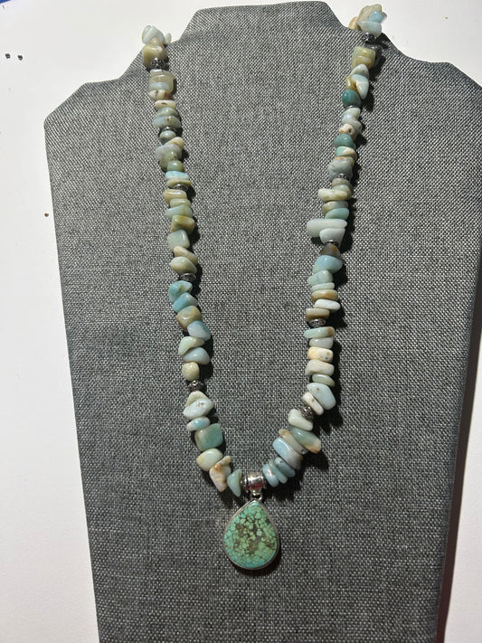 Spider Web Turquoise Pendant with Amazonite Bead Necklace