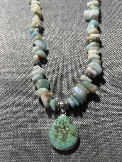 Spider Web Turquoise Pendant with Amazonite Bead Necklace