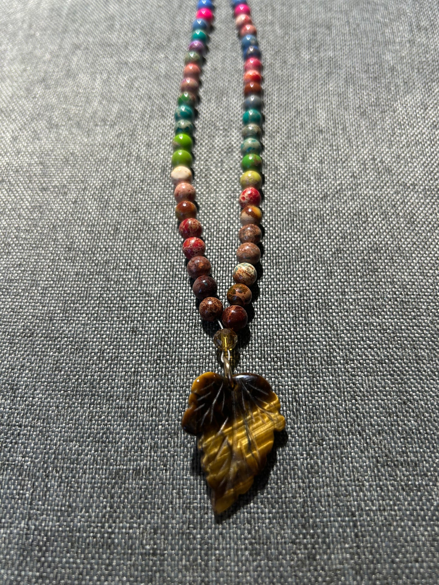 Imperial Jasper Necklace with Cat's Eye Leaf Pendant