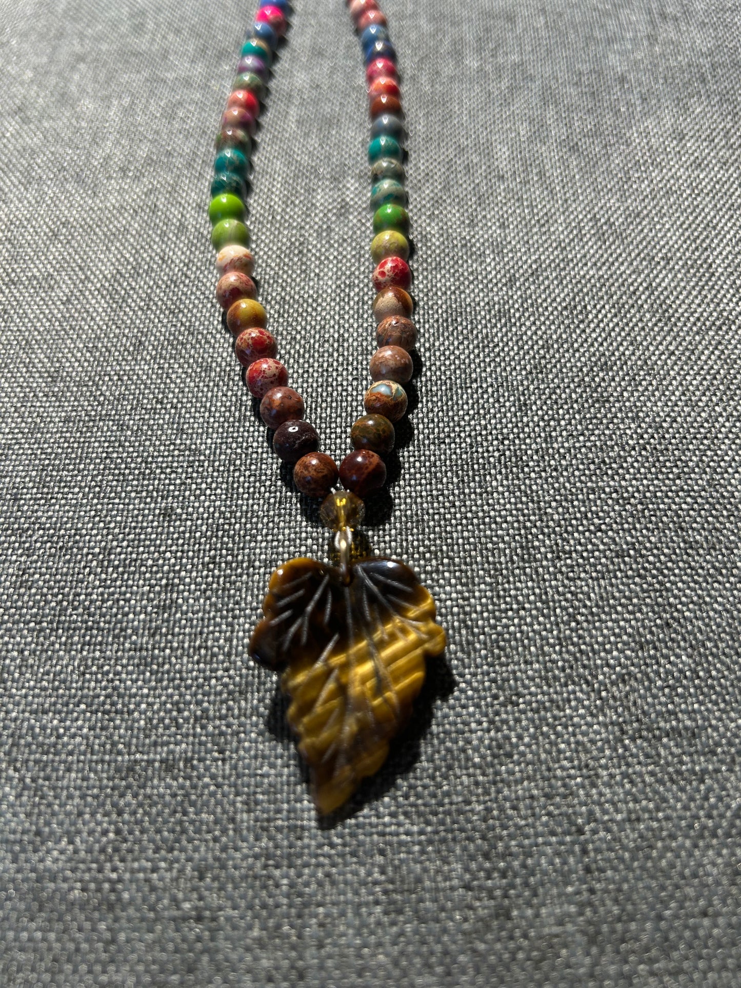Imperial Jasper Necklace with Cat's Eye Leaf Pendant