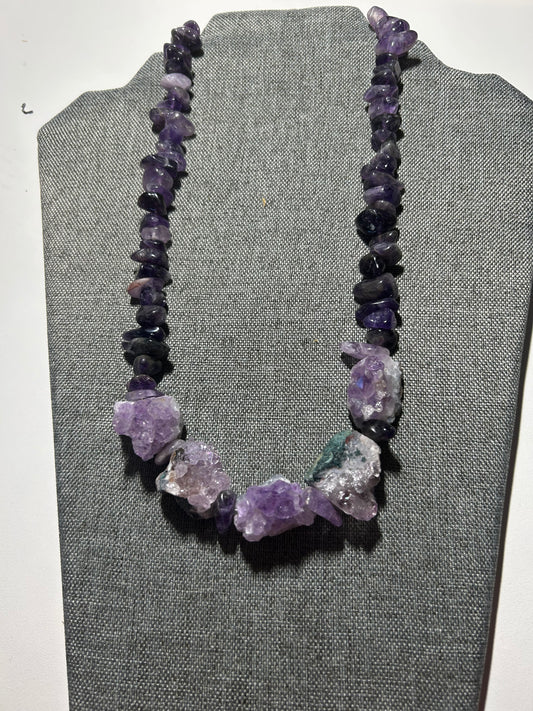 Amethyst Druzy with Amethyst Chip Bead Necklace