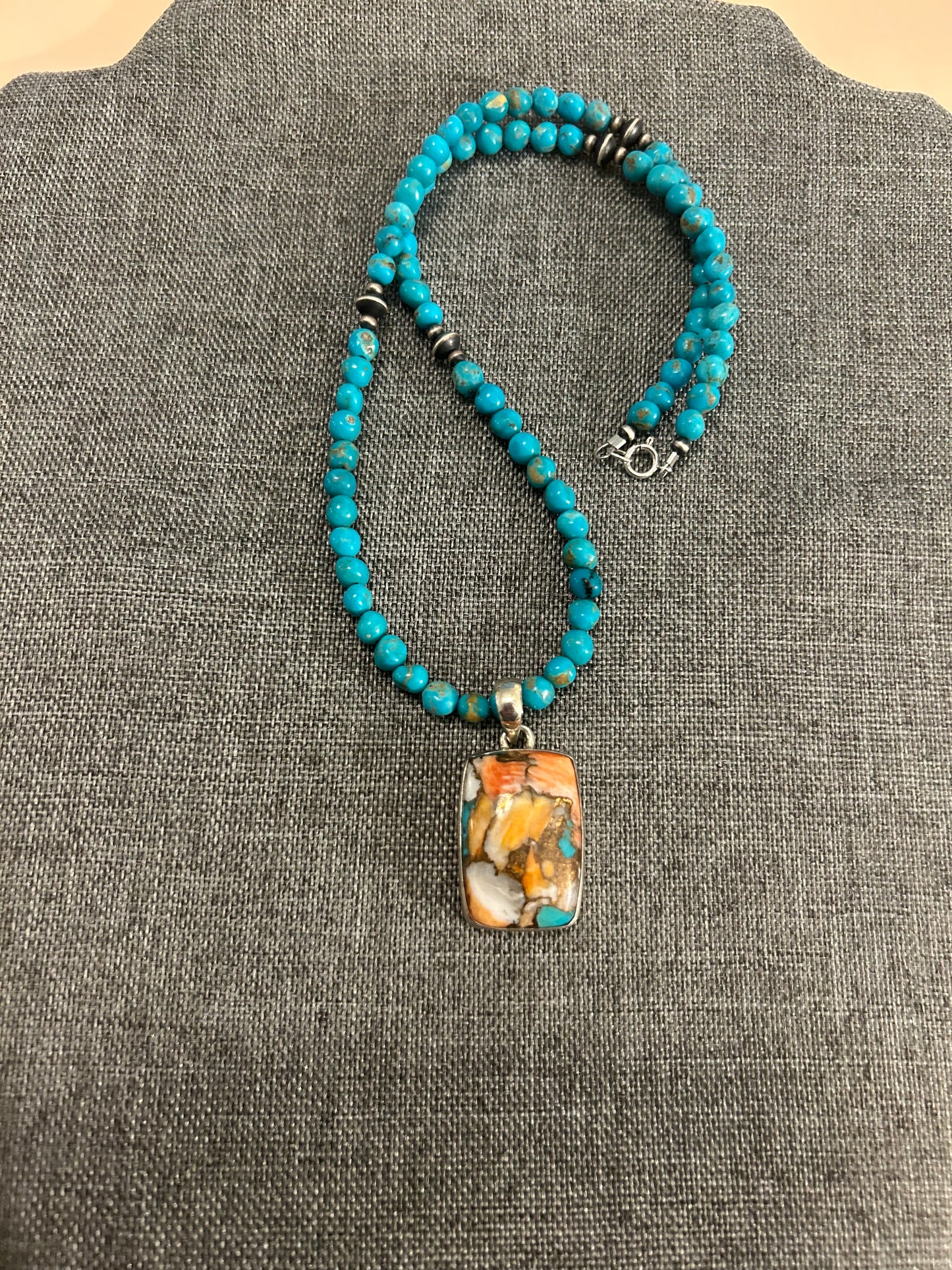 Spiny Oyster Turquoise Pendant with Sleeping Beauty Bead Strand Necklace