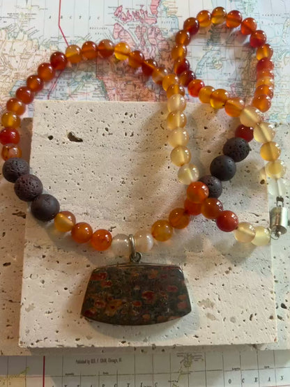 Jasper pendant, lava stone and carnelian gemstone necklace